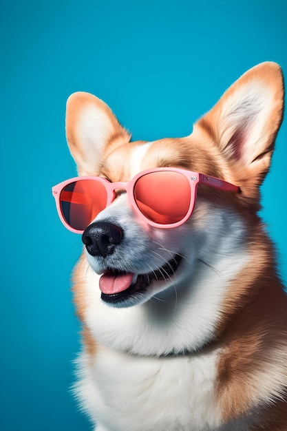 A dog wearing pink sunglasses with the word corgi on it.