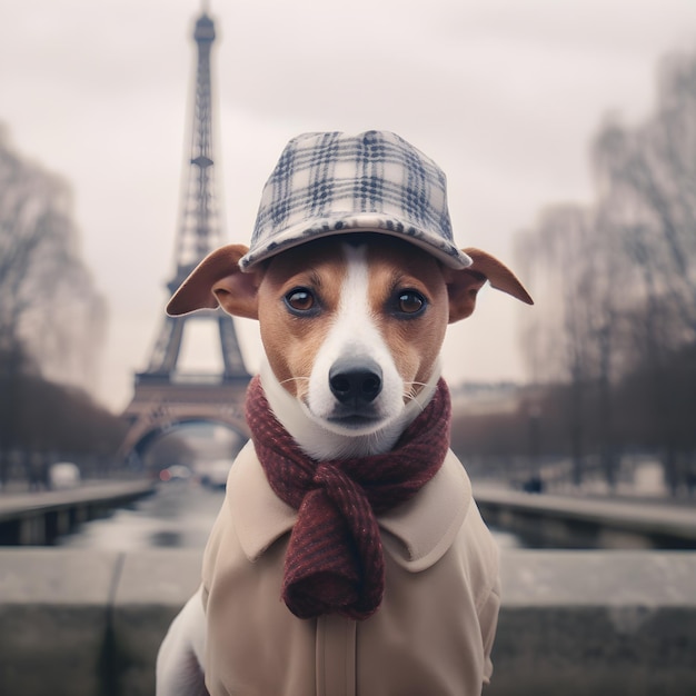 A dog wearing a plaid hat and scarf stands in front of a eiffel tower.