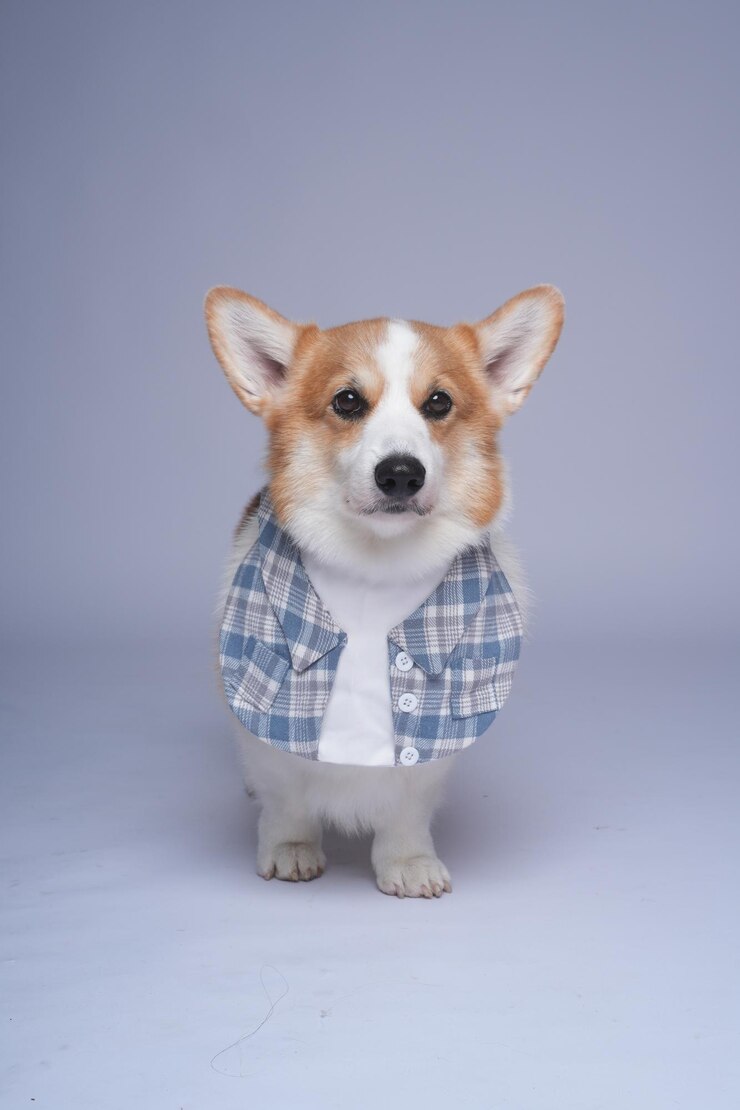 a dog wearing a plaid shirt with a tag that says dog on it