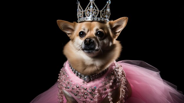 Dog wearing a princess costume and a tiara on black background