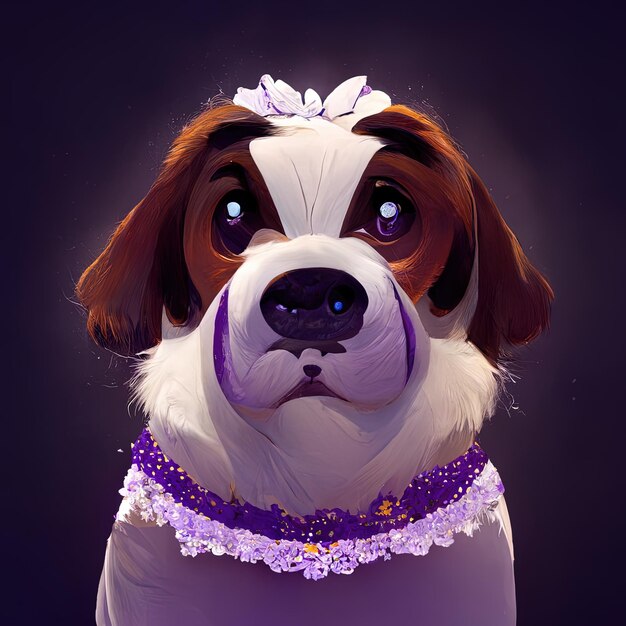 紫の花をかぶった紫のビーグルコラーを着た犬