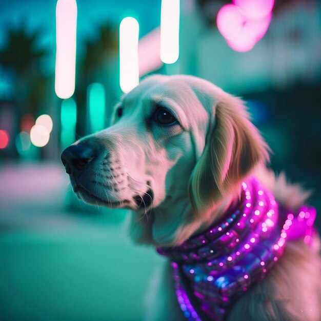 A dog wearing a purple collar with a purple collar and a purple collar.