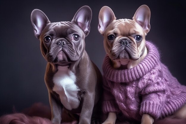 A dog wearing a purple sweater sits next to another dog wearing a purple sweater.