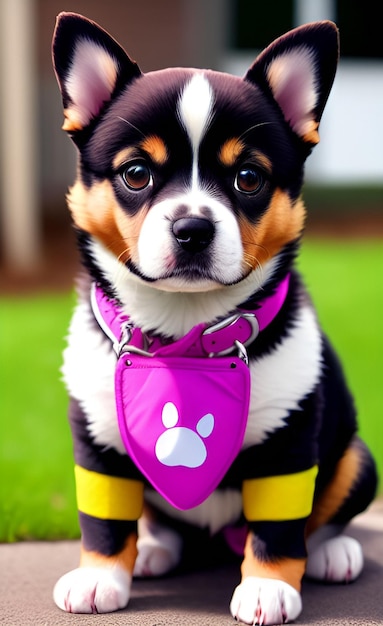 A dog wearing a purple and yellow leash with a paw print on it