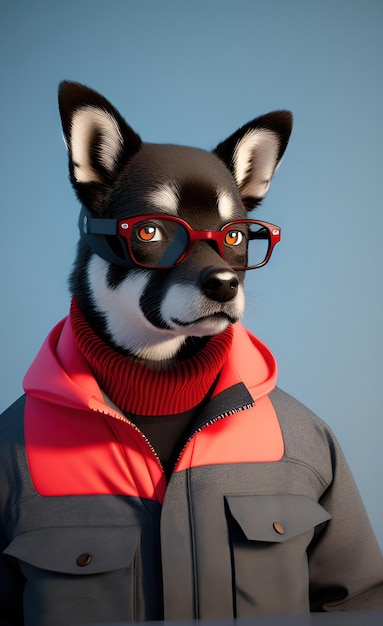 赤と黒のジャケットとメガネを着た犬
