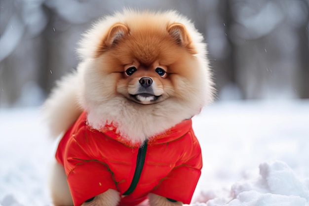 A dog wearing a red coat in the snow