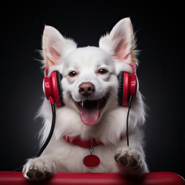 Photo a dog wearing red headphones