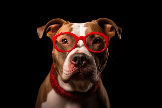 A dog wearing a red heart shaped glasses