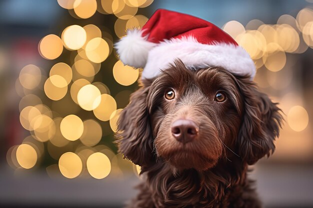 Dog wearing red santa claus hat christmas tree in the background Generative AI