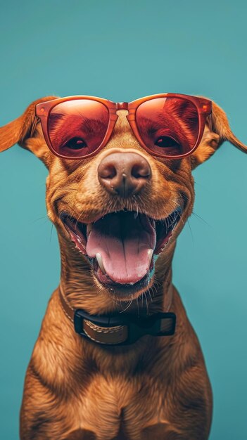 A dog wearing red sunglasses on a blue background