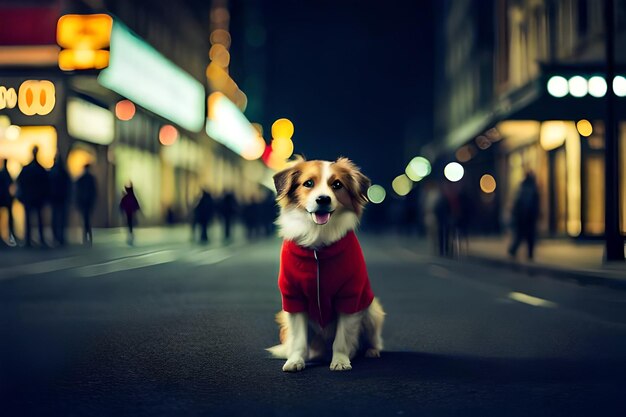 A dog wearing a red sweater stands on a street