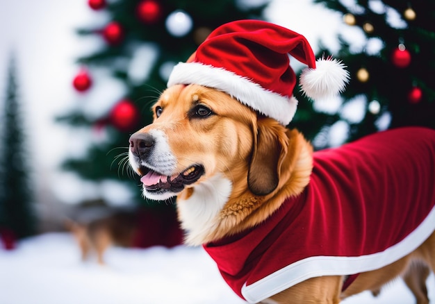 Dog wearing santa claus hat on christmas background Generative AI