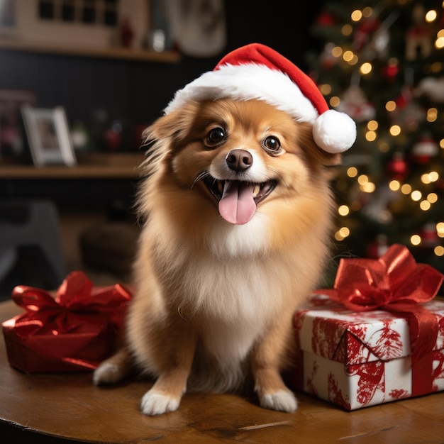 A dog wearing a Santa hat sitting next to a wrapped present