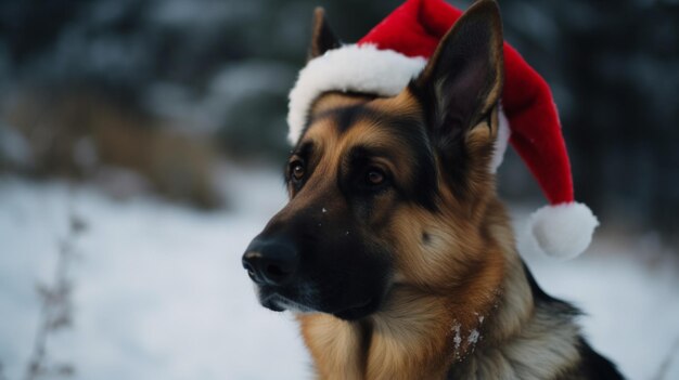 雪の中でサンタ帽子をかぶった犬