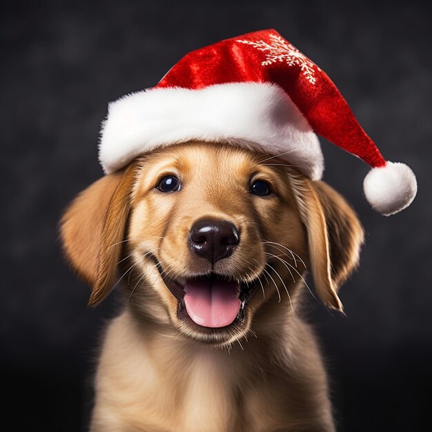 「明けましておめでとうございます」と書かれたサンタ帽子をかぶった犬