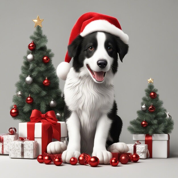 A dog wearing santa hat with chistmas tree and red gift boxes white background