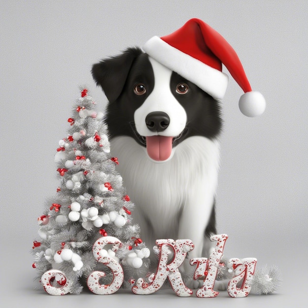 A dog wearing santa hat with chistmas tree and red gift boxes white background