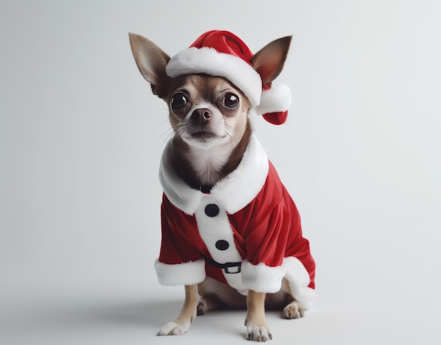 A dog wearing a santa outfit is wearing a santa outfit.