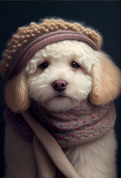 A dog wearing a scarf and hat with a scarf that says'dog'on it