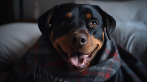 A dog wearing a scarf and a scarf that says " doberman " on it.