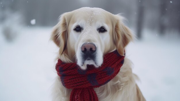 A dog wearing a scarf in the snow