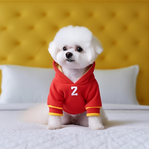 a dog wearing a shirt that says " 2 " on it.