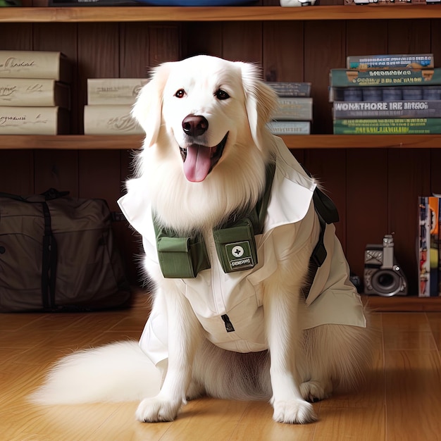 A dog wearing a shirt that says " the name of the dog "