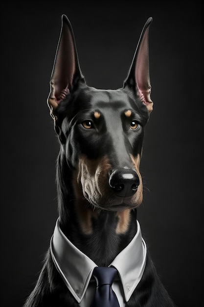 A dog wearing a shirt and tie that says doberman