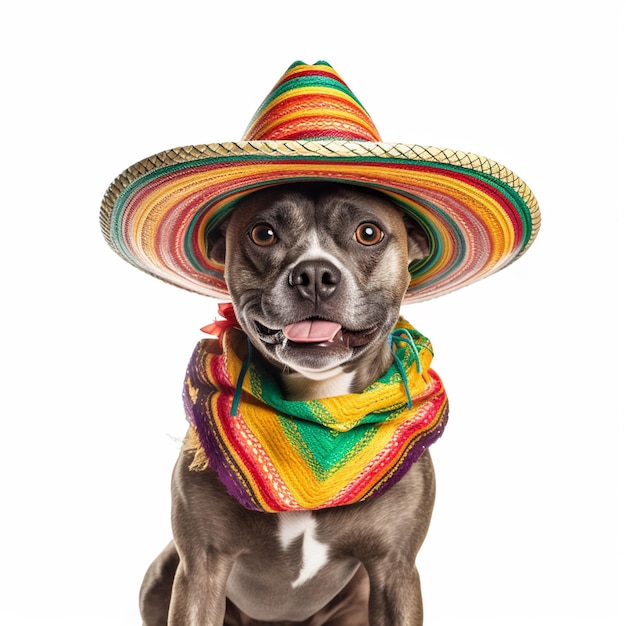 A dog wearing a sombrero and a scarf