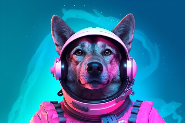 A dog wearing a space suit and headphones