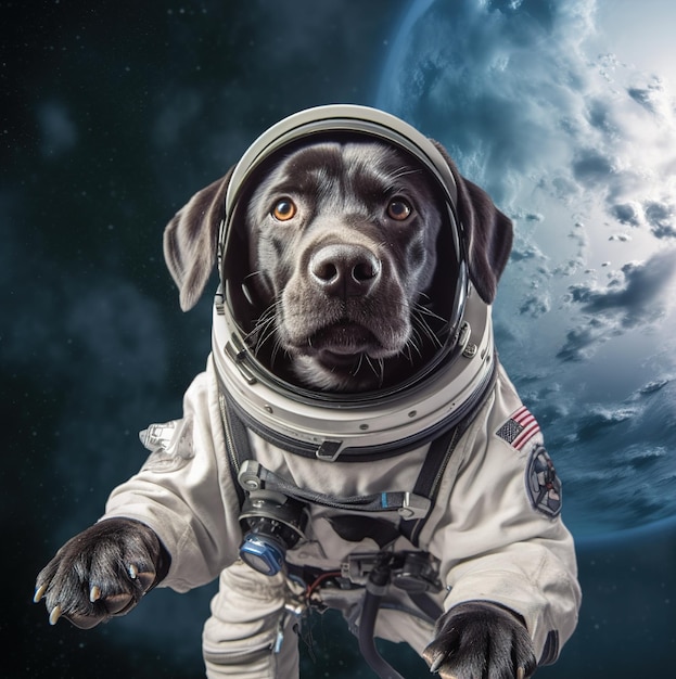 Foto un cane che indossa una tuta spaziale è di fronte a un pianeta