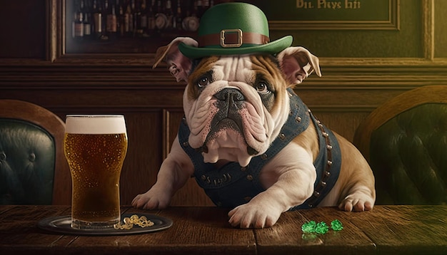 Собака в шляпе Святого Патрика пьет пинту холодного пива в пабе-баре Генеративный ИИ
