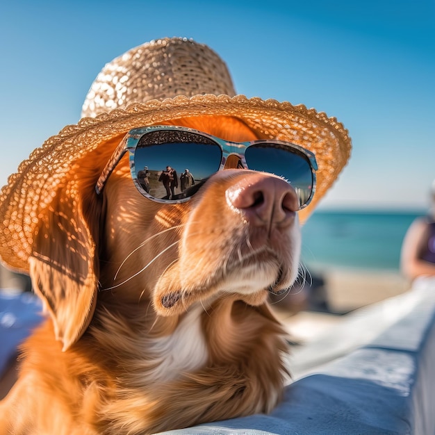 A dog wearing a straw hat and sunglasses sits on a beach.