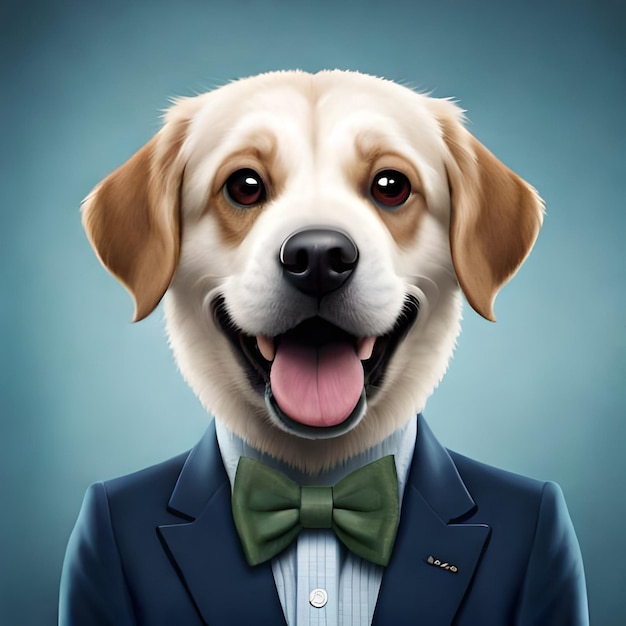 A dog wearing a suit and a bow tie that says i love dogs