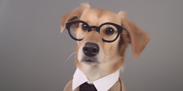 A dog wearing a suit and glasses is wearing a tie and a shirt that says'dog'on it.