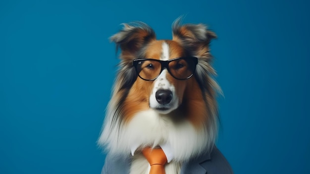 A dog wearing a suit and glasses is wearing a tie.