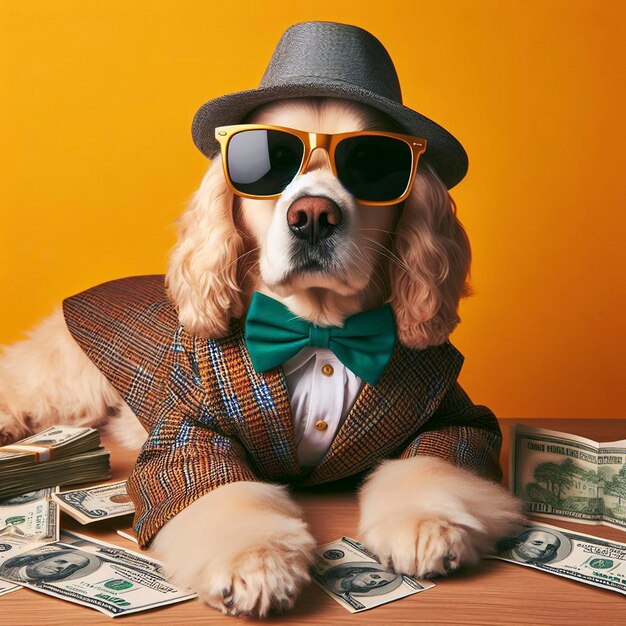 Photo a dog wearing a suit and sunglasses sits on a stack of money