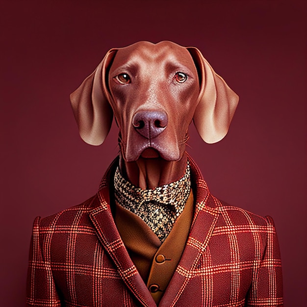 A dog wearing a suit that says'the dog '