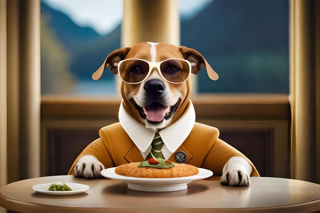 Photo a dog wearing a suit and tie is eating a plate of food with a plate of food.