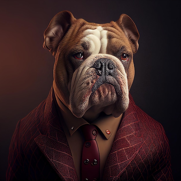 A dog wearing a suit and a tie that says " bulldog " on it.