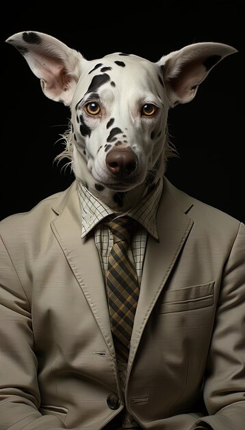 a dog wearing a suit with a dog face and a tie that says dog
