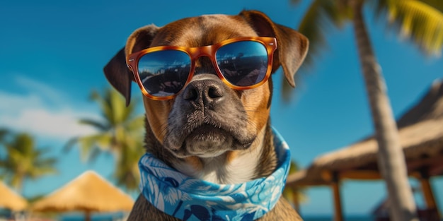 Собака в летней рубашке с солнцезащитными очками на тропическом пляже Generative AI
