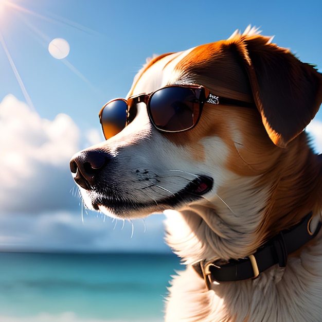 写真 ビーチで太陽眼鏡をかぶった犬