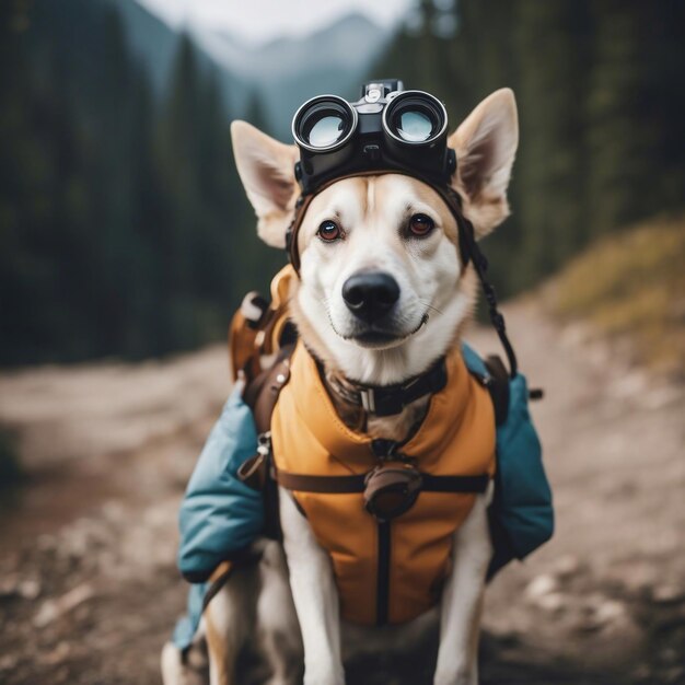 Photo dog wearing sunglasses as happy tourist posing