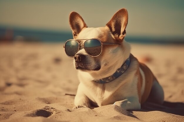 A dog wearing sunglasses on a beach with the sun shining on it.