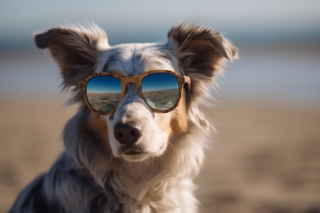 A dog wearing sunglasses on a beach