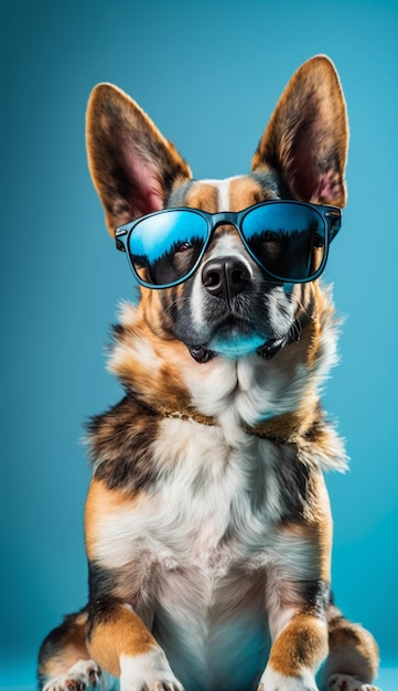 A dog wearing sunglasses and a blue background