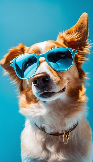 A dog wearing sunglasses and a blue necklace