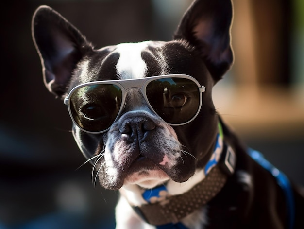 A dog wearing sunglasses and a blue and white collar.