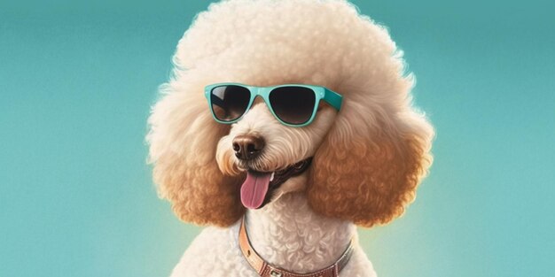 A dog wearing sunglasses and a blue and white poodle